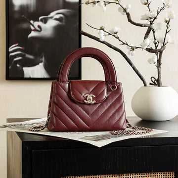 CC Nano Kelly Bag 19CM Burgundy Chevron Shiny Lambskin Shw