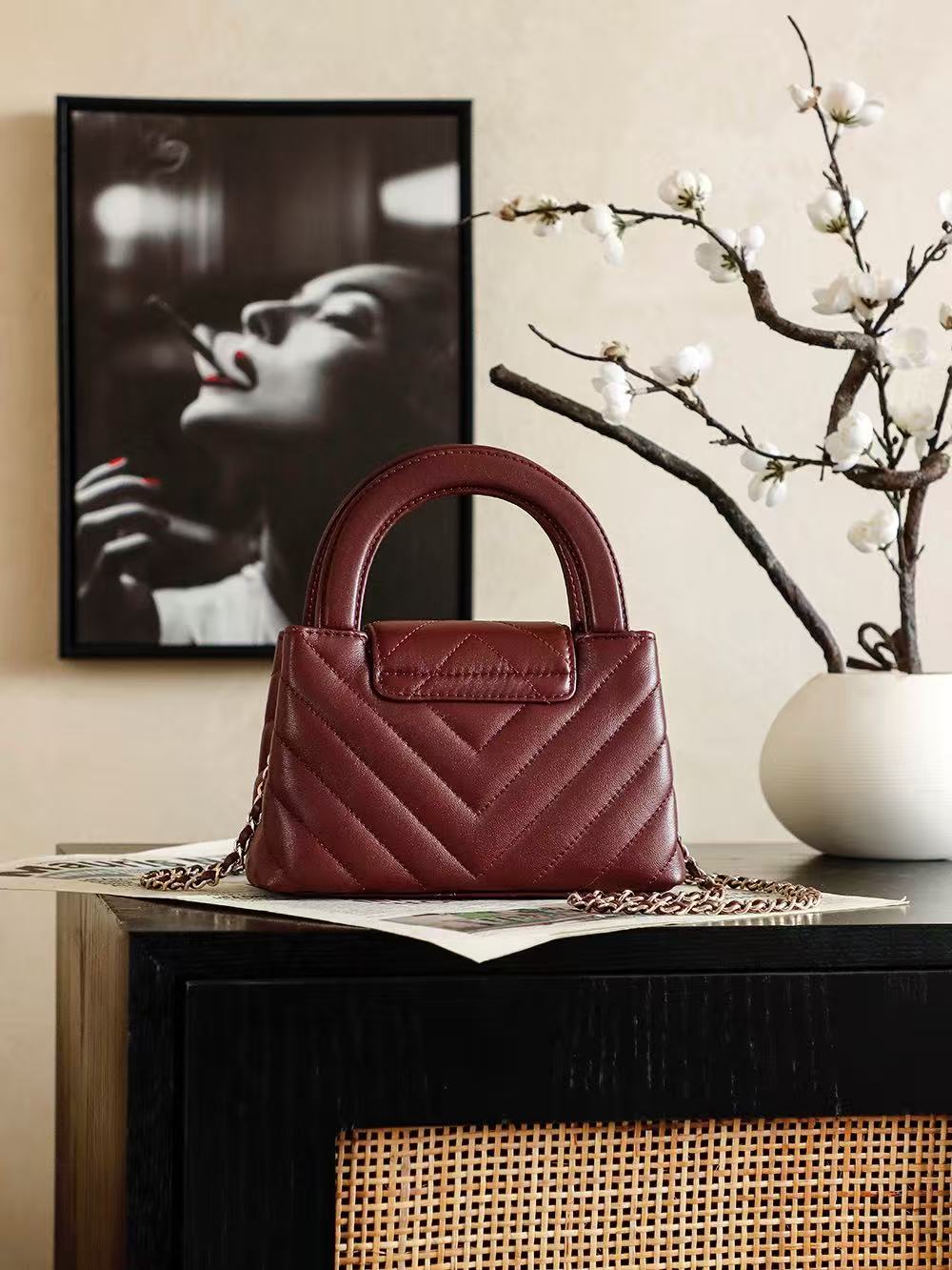CC Nano Kelly Bag 19CM Burgundy Chevron Shiny Lambskin Shw