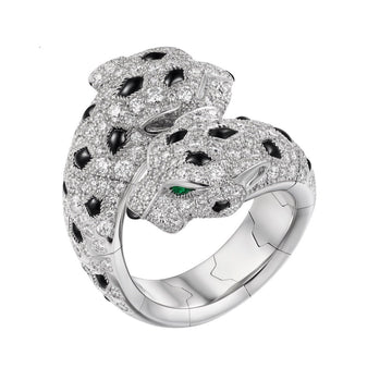 Double Panthere Silver Diamond Ring