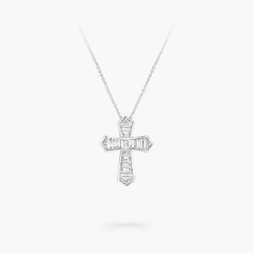 Baguette Cut Silver Diamond Cross Necklace