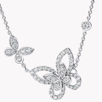 Double Butterfly Silhouette Silver Diamond Necklace