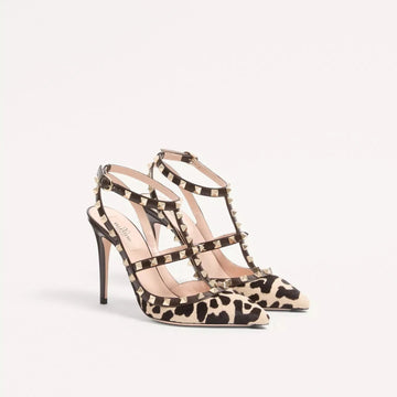 Vt Rockstud Sandal 10CM With Straps Coffee Ivory Pony-Effect Calfskin