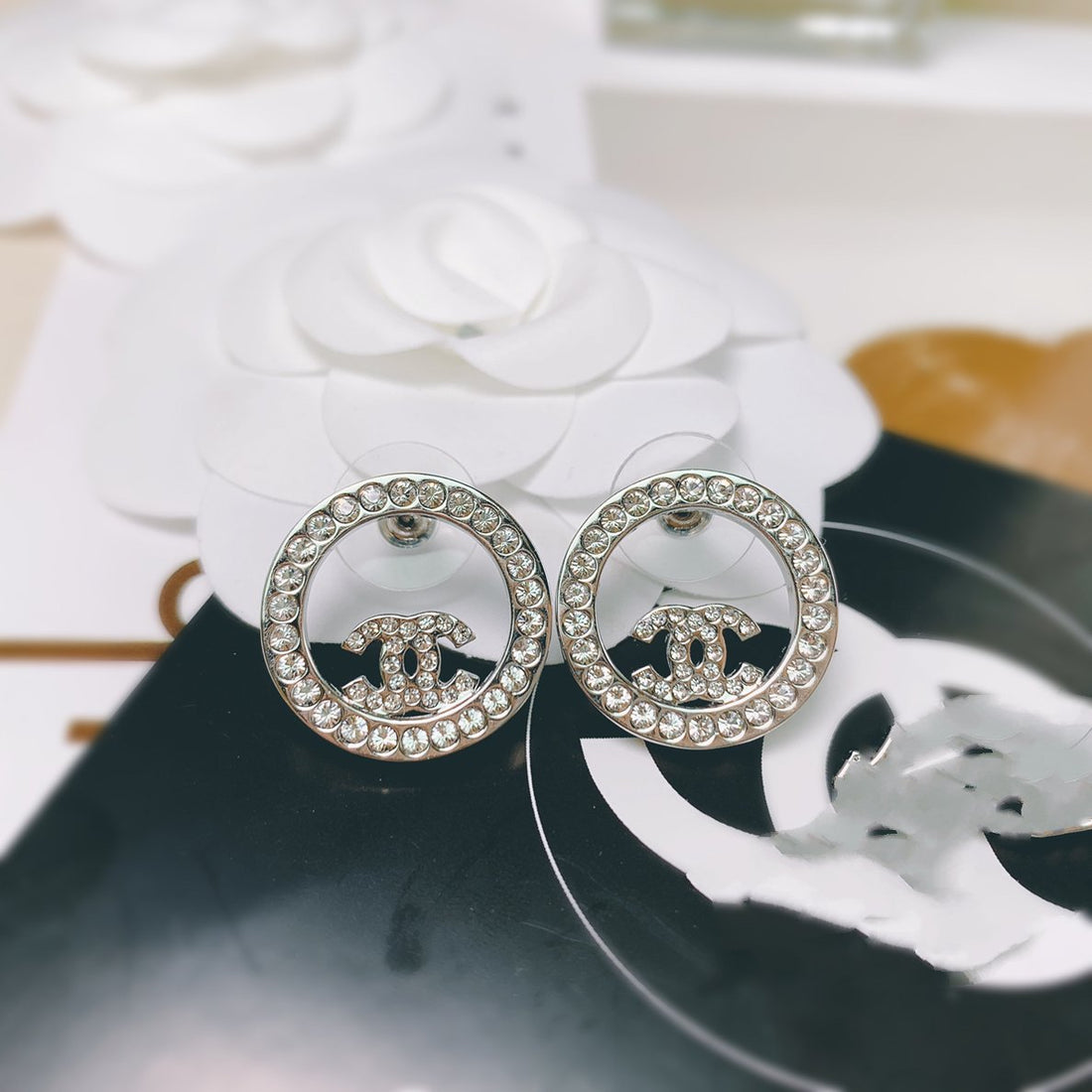 Double C Silver Diamond Stud Earrings
