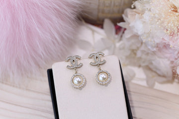Double C Pearl Silver Diamond Earrings