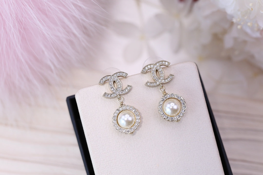 Double C Pearl Silver Diamond Earrings