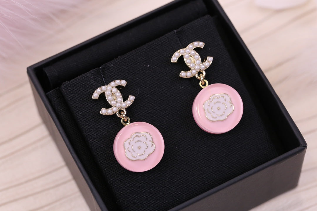 Camellia Pink Earrings Pearl Diamond