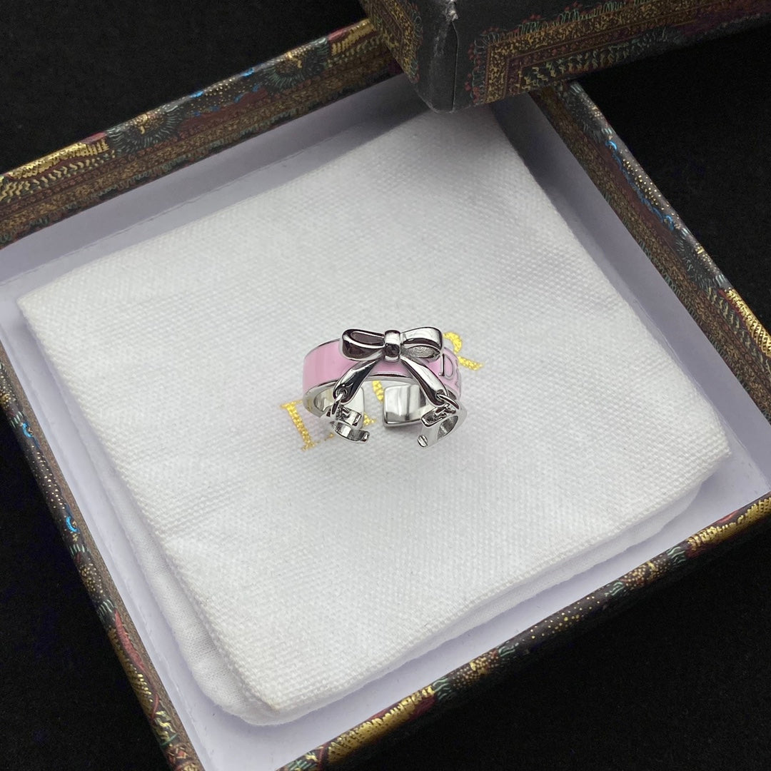 CD Enamel Bow Ring Pink Silver