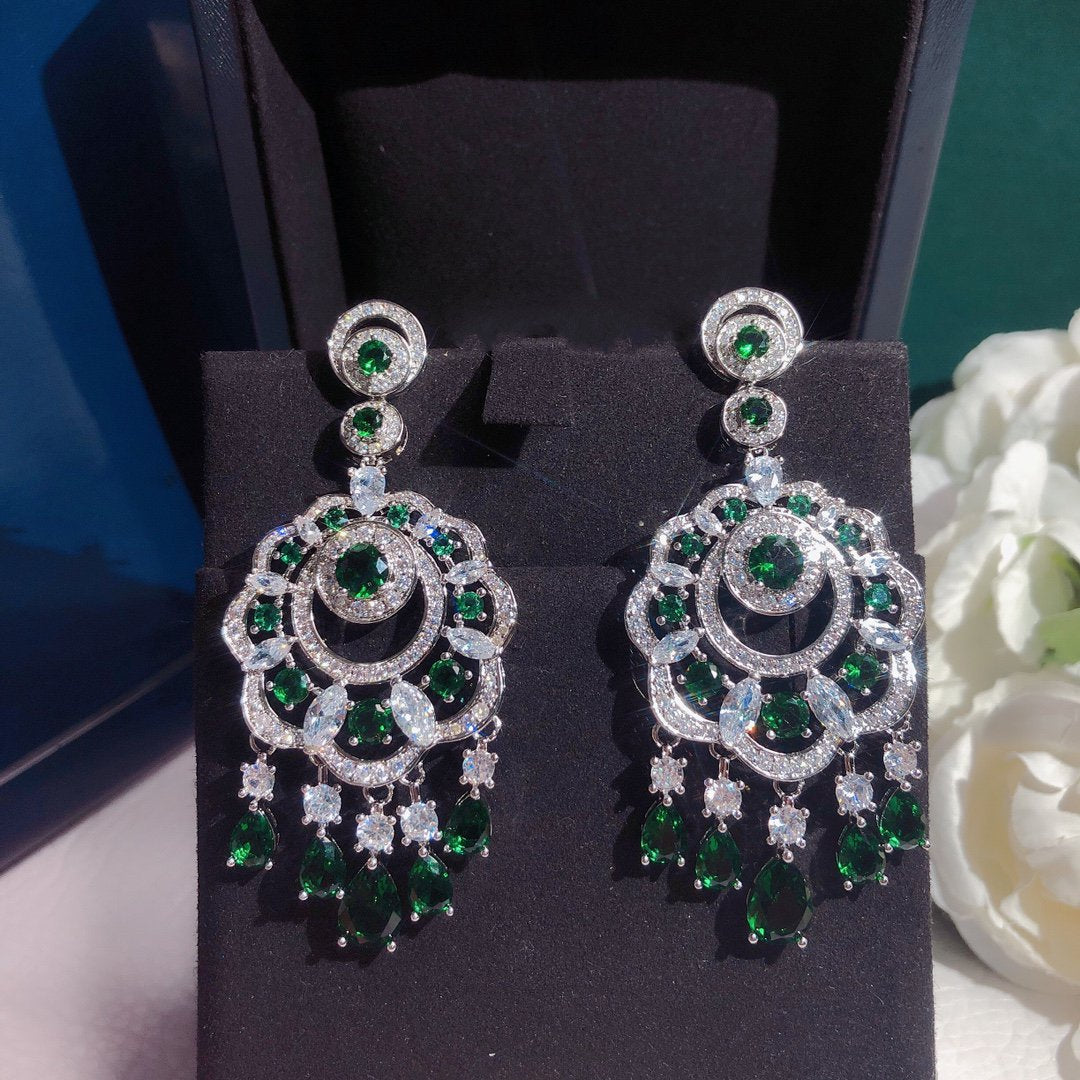 Gra Flower Silver Green Diamond Drop Earrings