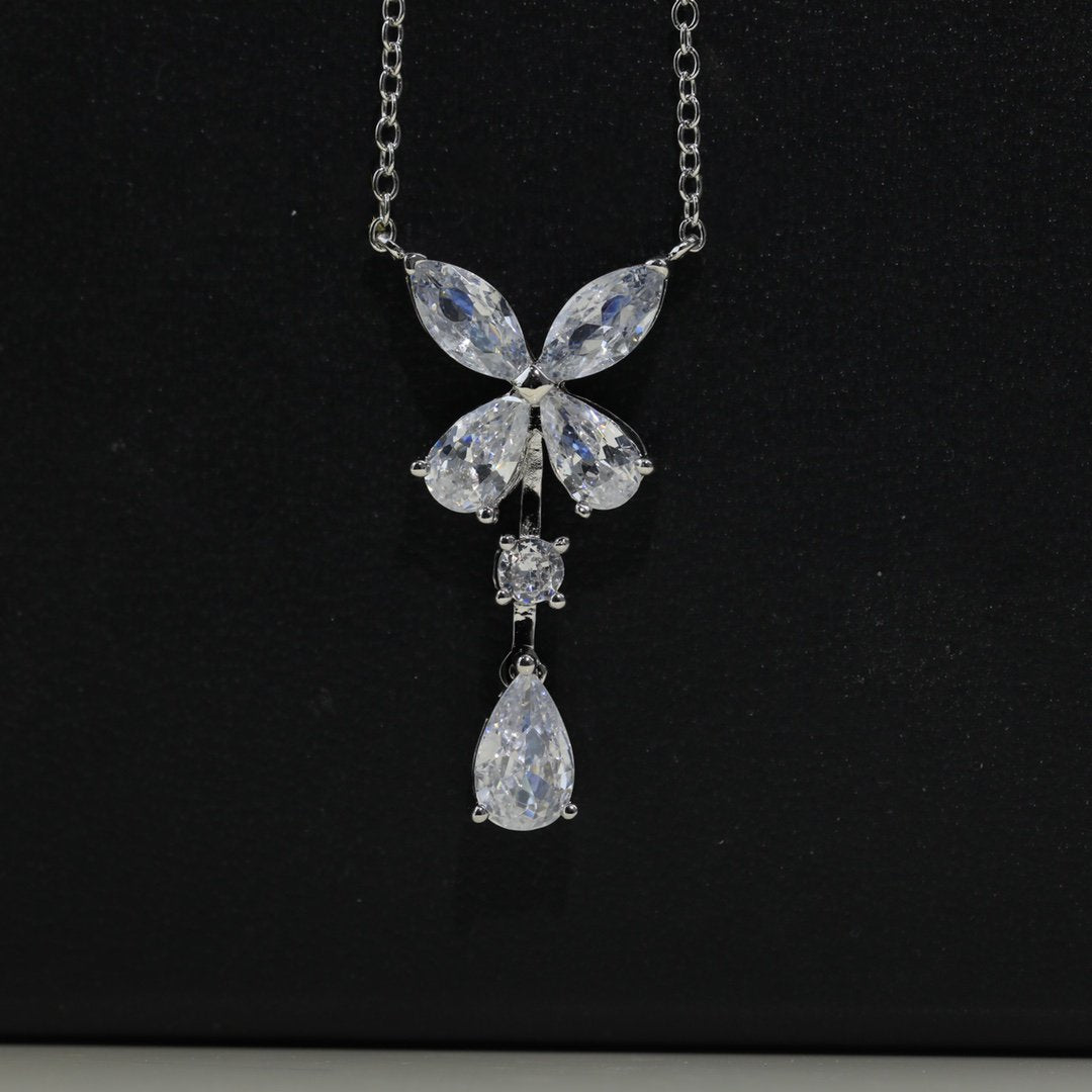 Butterfly Pear Shape Classic Silver Diamond Drop Necklace