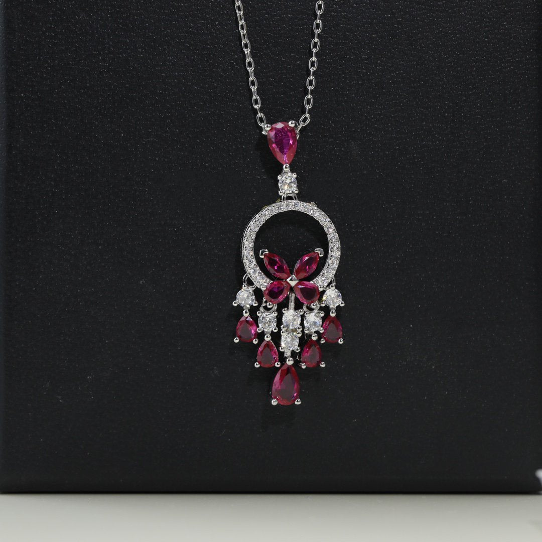 Butterfly Chandelier Classic Pink Silver Diamond Necklace