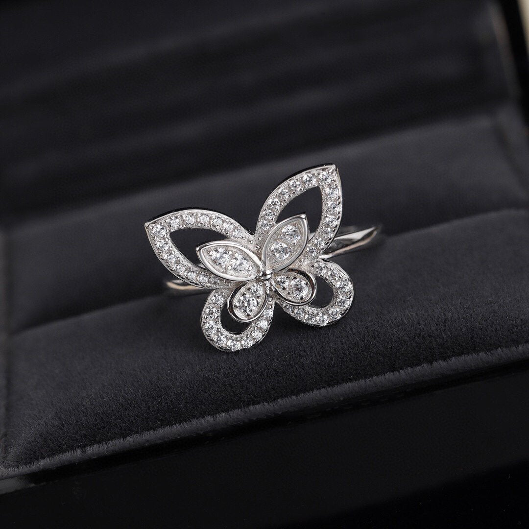 Butterfly Silhouette Silver Diamond Ring
