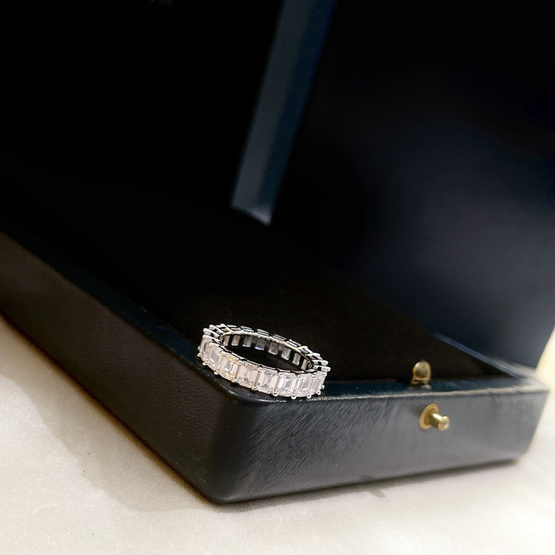 Emerald Cut Silver Diamond Band Ring