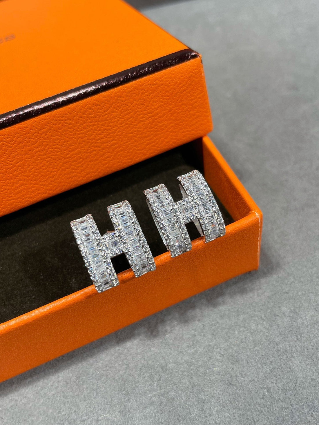 H Stud Earrings With Silver Diamonds