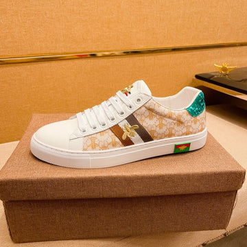 GG Ace Embroidered Bee Beige Leather