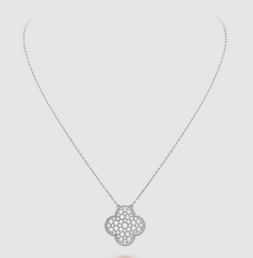 Clover Large Pendant Diamond Paved Silver Necklace