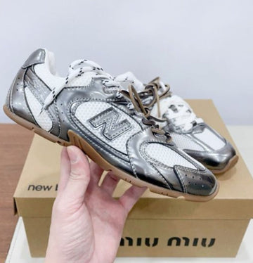 Miu X New Balance 530 Silver Patent Leather White Fabric
