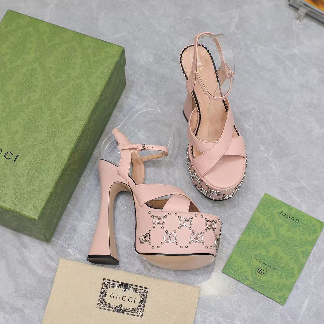 GG Flatform 155MM High Heel Sandal In Baby Pink Cowhide