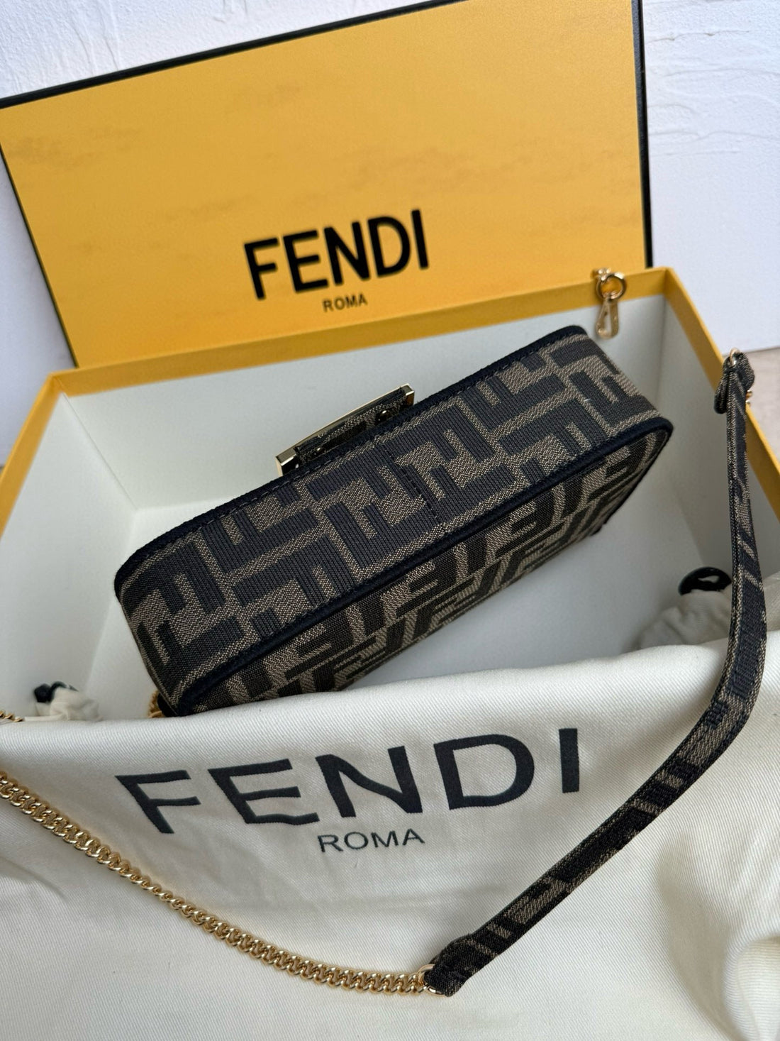 Fendi Baguette Mini Ff Bag Brown Jacquard Fabric
