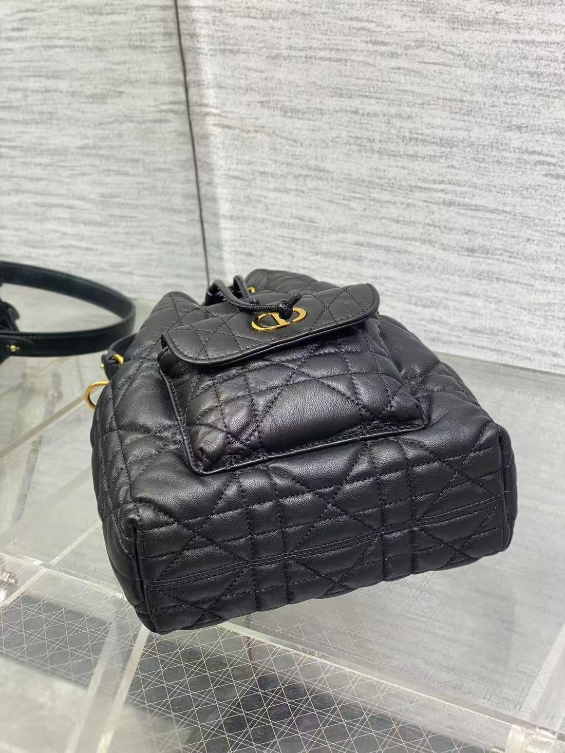 CD Caro Macrocannage Small Bucket Bag Black Lambskin
