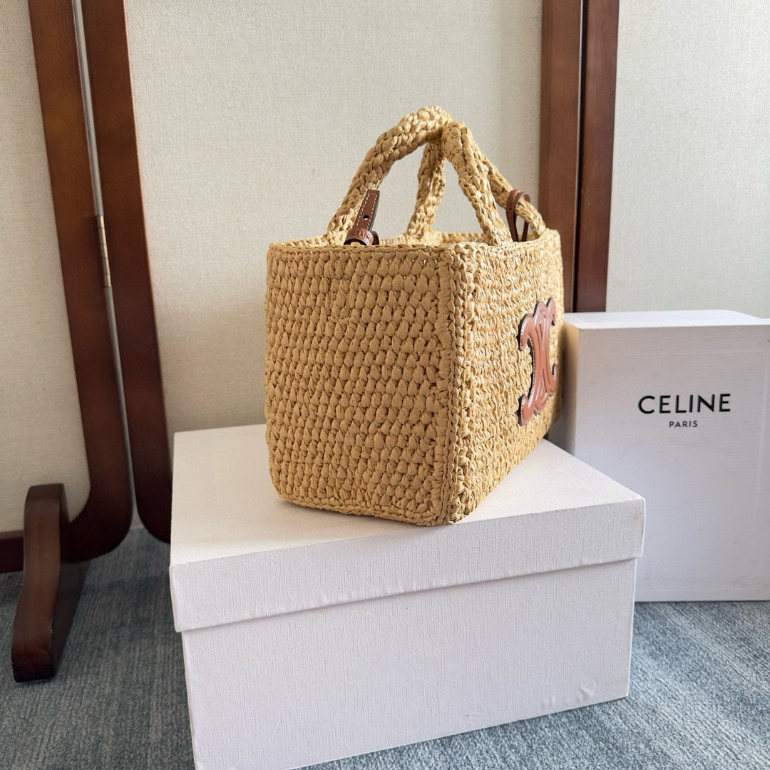 Celine Cabas Thais Handbag Beige Mix Brown Plant Material And Cow Leather