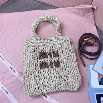 Miu Miu Tote Woven Bag Beige Mix Brown Raffia