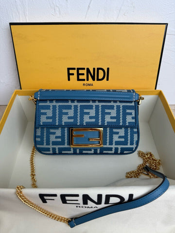 Fend Baguette 19CM Bag Gold Hardware In Blue Denim Leather With Ff Motif Shw