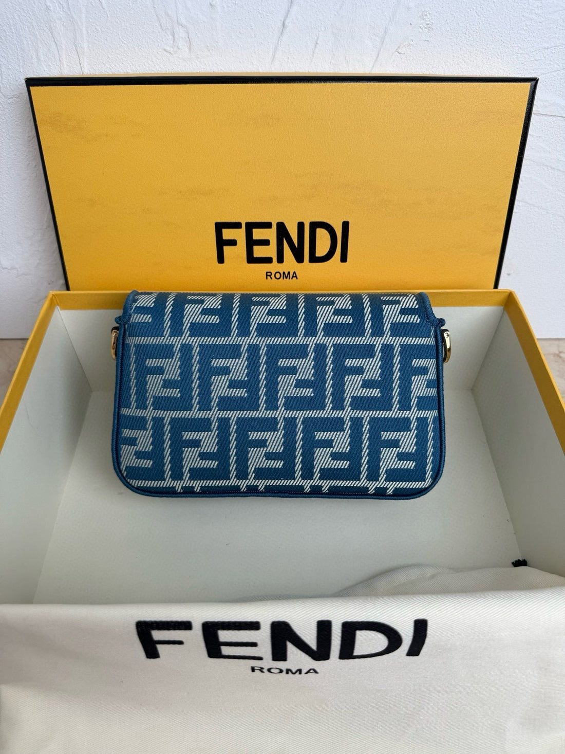 Fend Baguette 19CM Bag Gold Hardware In Blue Denim Leather With Ff Motif Shw