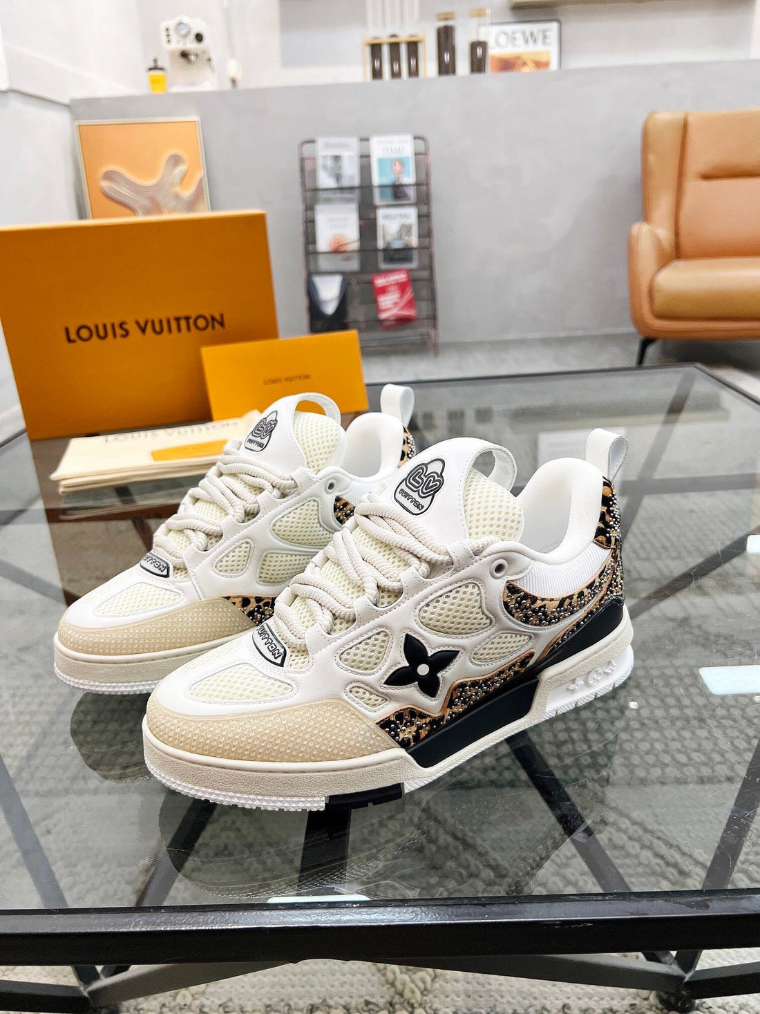 LV Skate Sneaker Studs Ivory Mix Brown Cowhide And Mesh Fabric