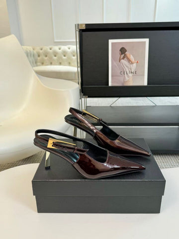 YSL Pointed Toe Slingback 75MM Burgundy Patent Calfskin