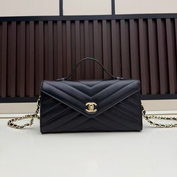 CC Large Flap Bag With Handles Black Goat Leather
