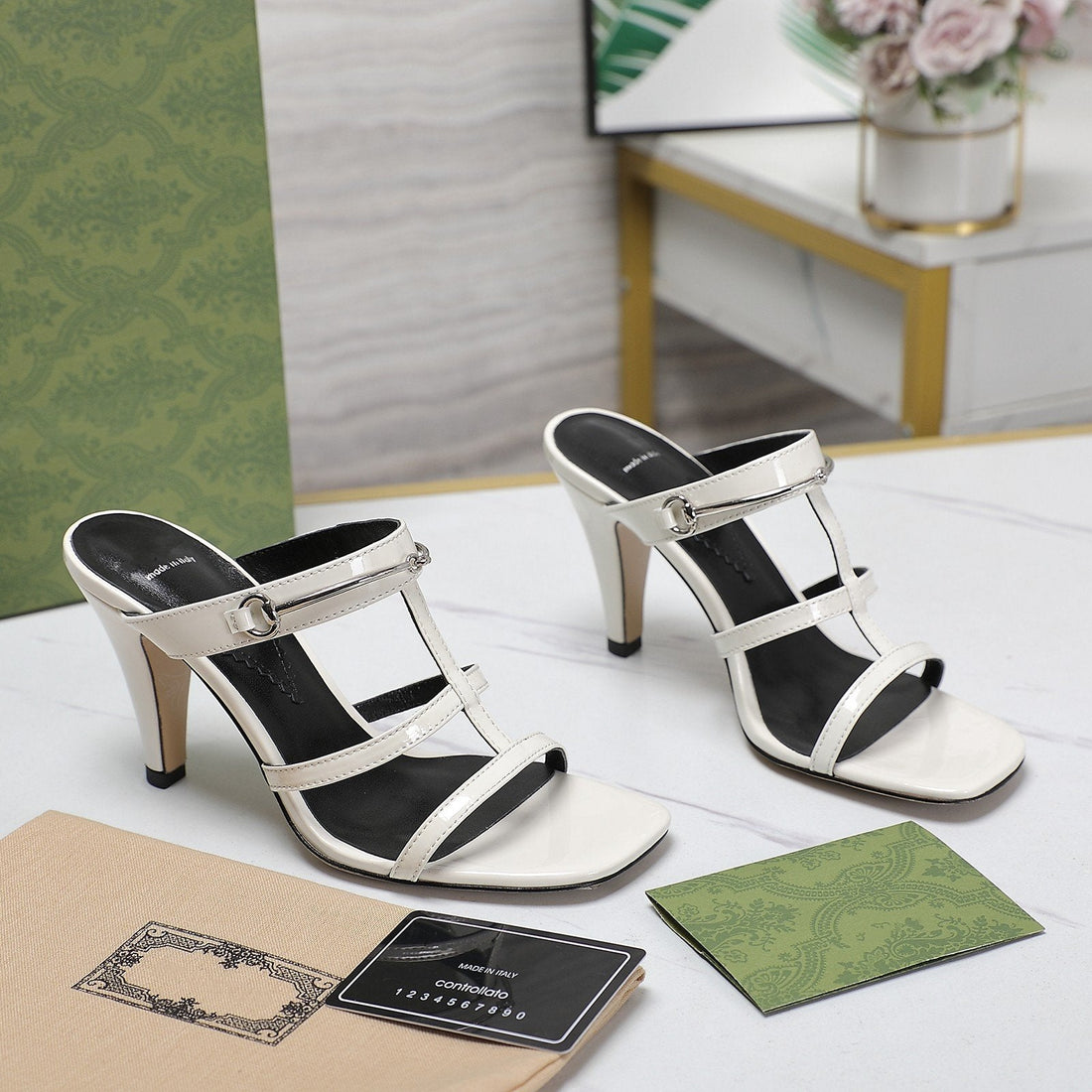GG Slim Horsebit Slide Sandal White