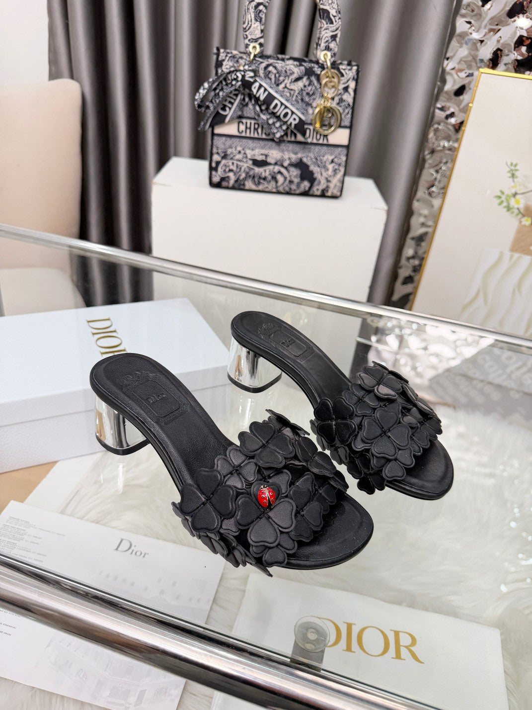 CD 26S Floral High Heel Slippers 60 Leather 684629
