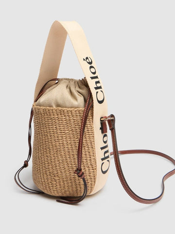 Chloé Small Woody Bucket Top Handle Bag 16CM Brown Linen And Calfskin
