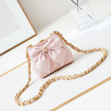 CC 24A Bowknot Kiss Lock Clutch Bag With Chain 13CM Pink Lambskin