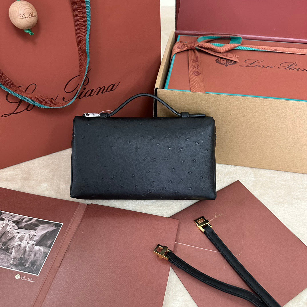 Extra Pocket L19 In Black Ostrich With Gold Hardware