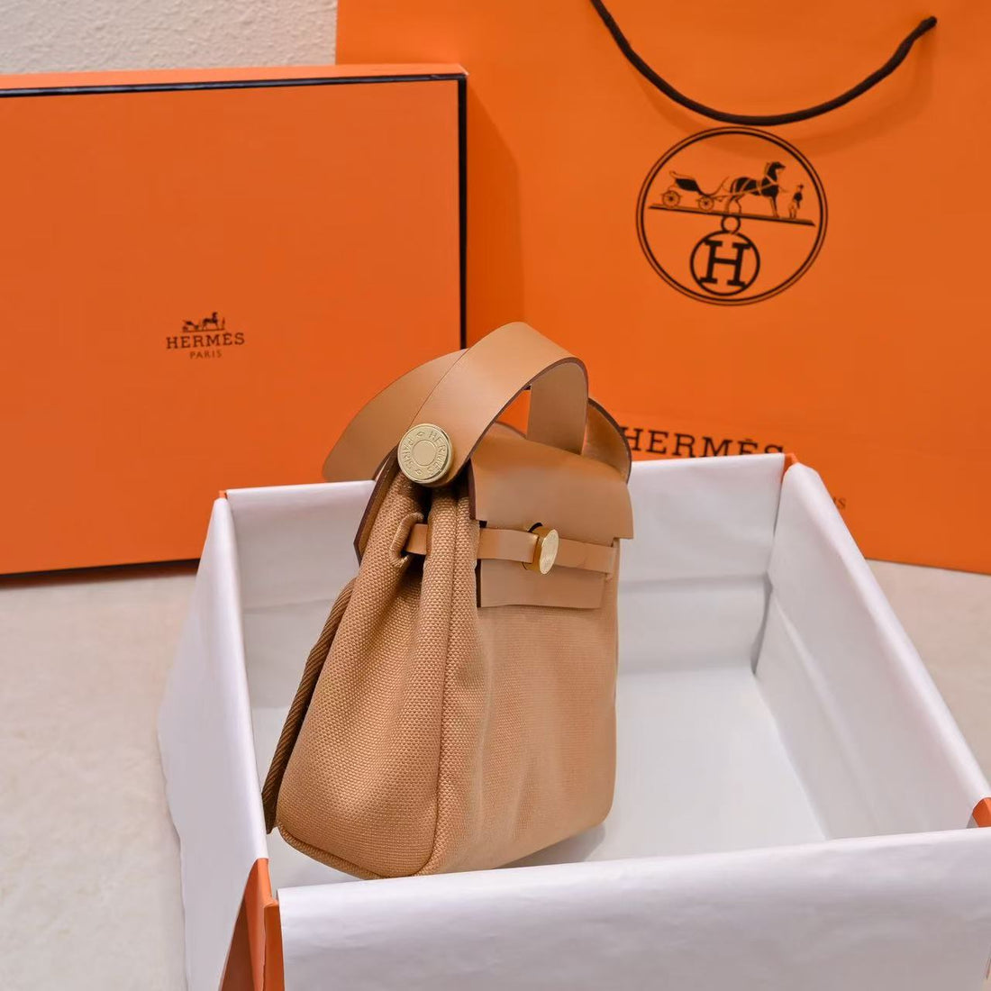 HM Mini Herbag Gold Buckle 20 Straw Canvas And Hunter Cowhide