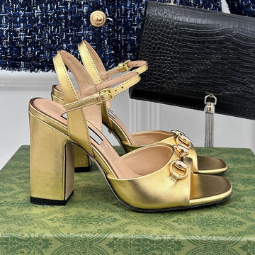GG Chunky High Heel Sandals 95MM Metal Logo In Gold Cowhide