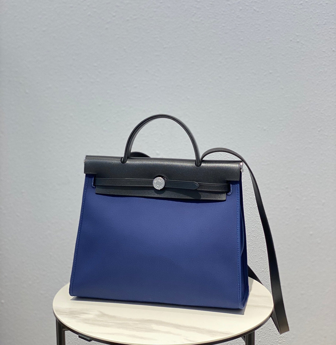 Herbag 31 Toile Blue Canvas Black Cowhide Leather