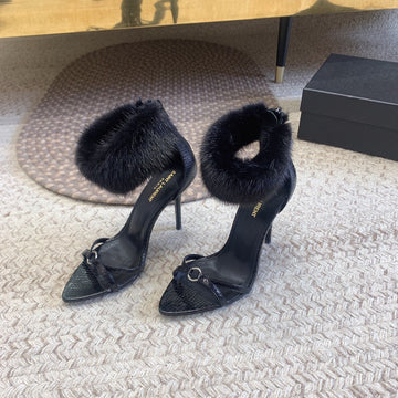 High Heel Sandal In Black Polished Calfskin And Mink Fur