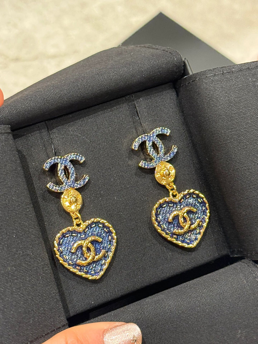 CC Heart Blue Denim Drop Earrings