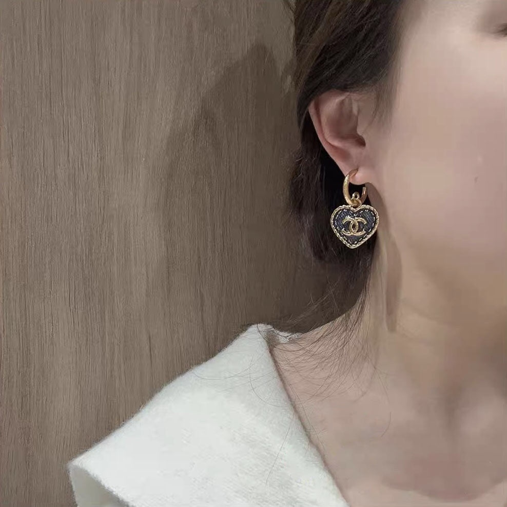 CC Heart Blue Denim Light Gold Hoop Earrings