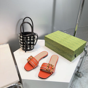GG Bamboo Buckle Flat Sandals Orange