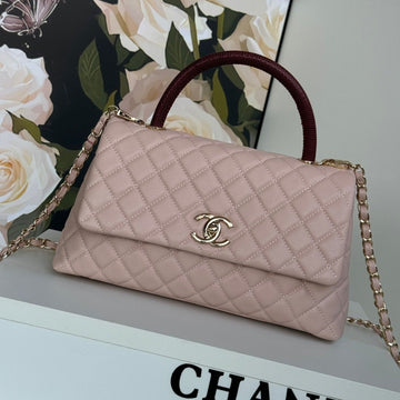 Coco Handle Medium 29CM Pastel Pink Red Quilted Caviar Leather Gold Hardware