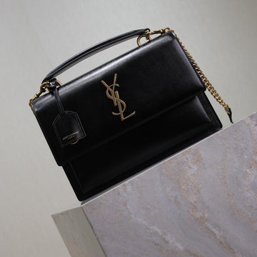 YSL Sunset Handbags 25CM Black Cowhide