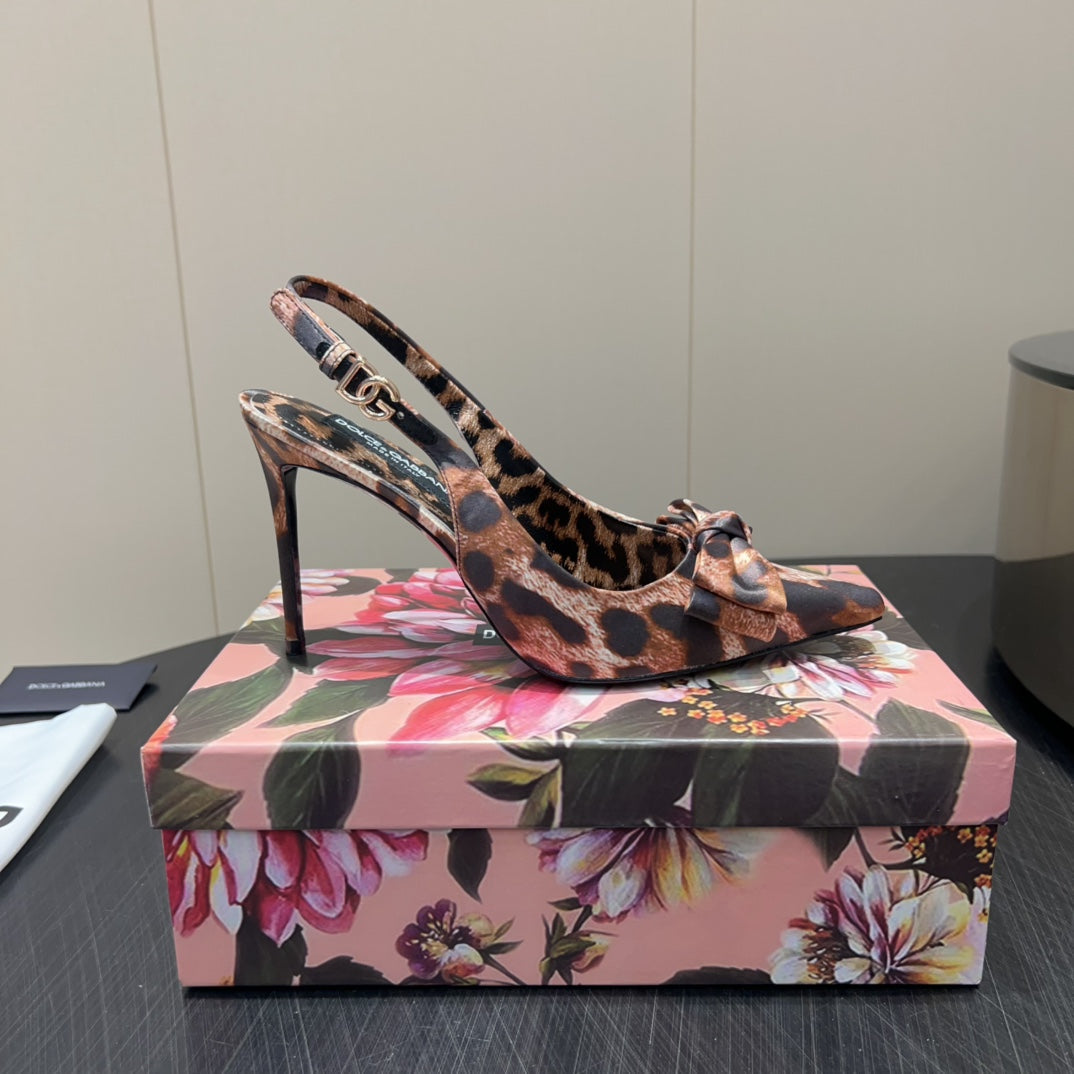 Dc 25 Bow Slingback Pumps 100MM Leopard-Print Satin And Sheepskin 381614