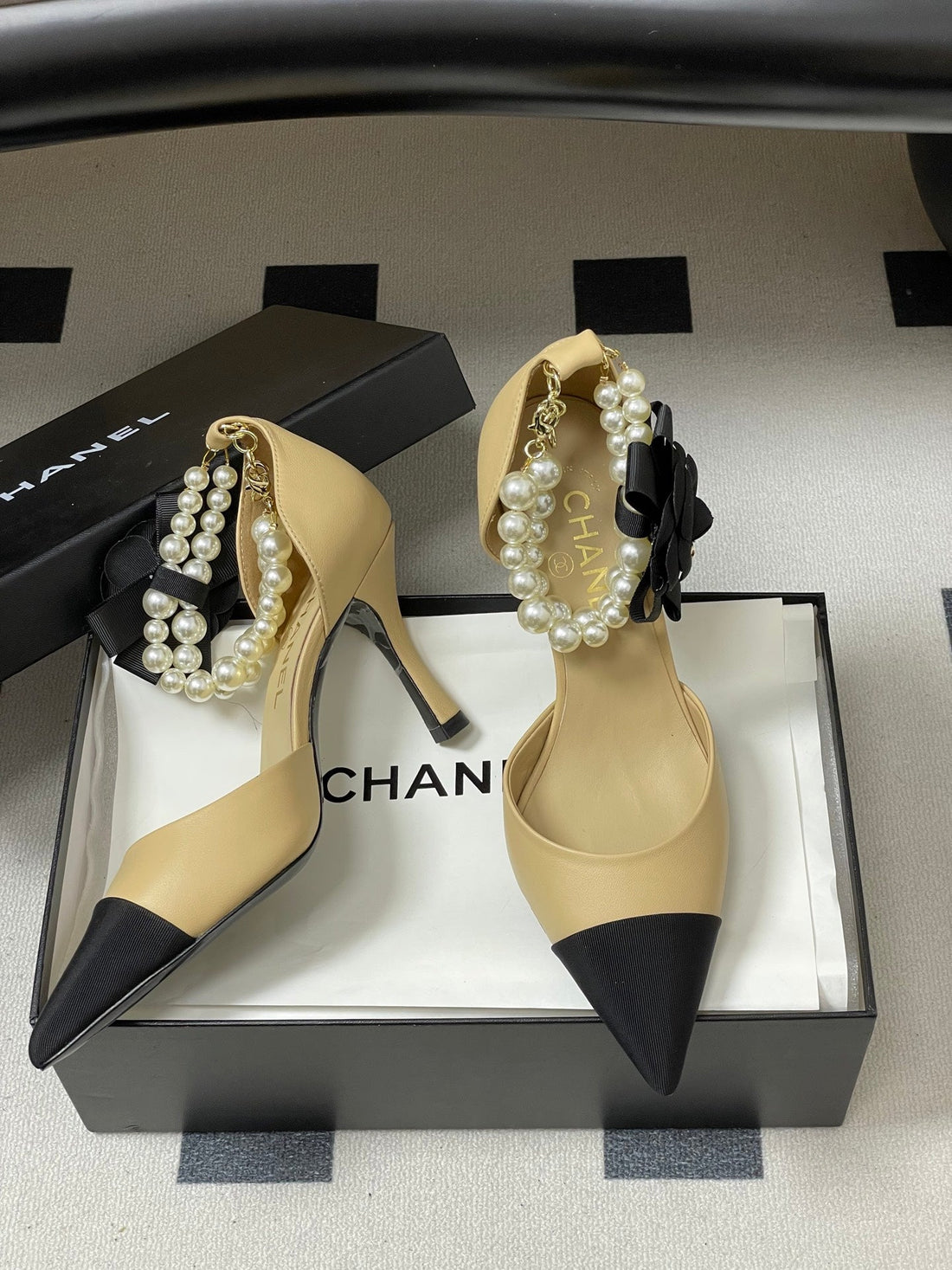 CC 26 Heeled 70MM Slingback With Pearl Ankle Strap Lambskin Fabric