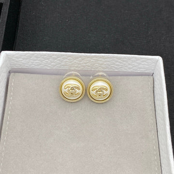 Chanel CC Pearl Button Gold Earrings