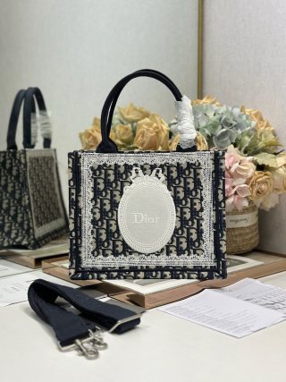 CD Book Tote With Black Oblique Pattern And White Lace Details In Canvas 288321