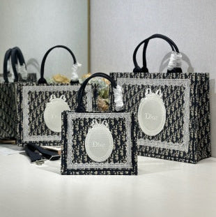 CD Book Tote With Black Oblique Pattern And White Lace Details In Canvas 288321