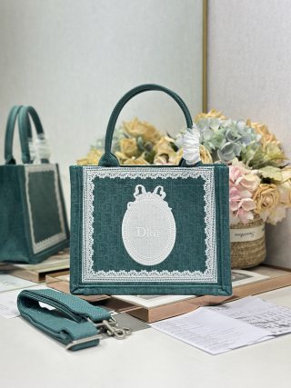 CD Book Tote With Dark Teal Oblique Pattern And White Lace Details In Canvas 288328